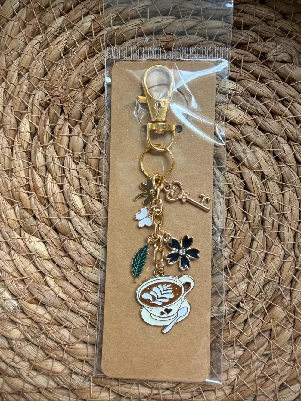 Gold-Tone Coffee Cup Charm Keychain with Beige & Green Accents